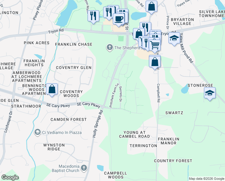 map of restaurants, bars, coffee shops, grocery stores, and more near 8244 Pritchett Farm Lane in Raleigh