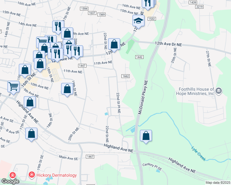 map of restaurants, bars, coffee shops, grocery stores, and more near 1005 22nd Street Place Northeast in Hickory