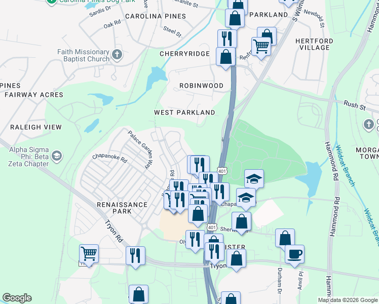 map of restaurants, bars, coffee shops, grocery stores, and more near 1099 Renewal Place in Raleigh