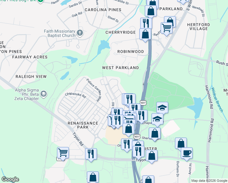 map of restaurants, bars, coffee shops, grocery stores, and more near 414 Stone Flower Lane in Raleigh