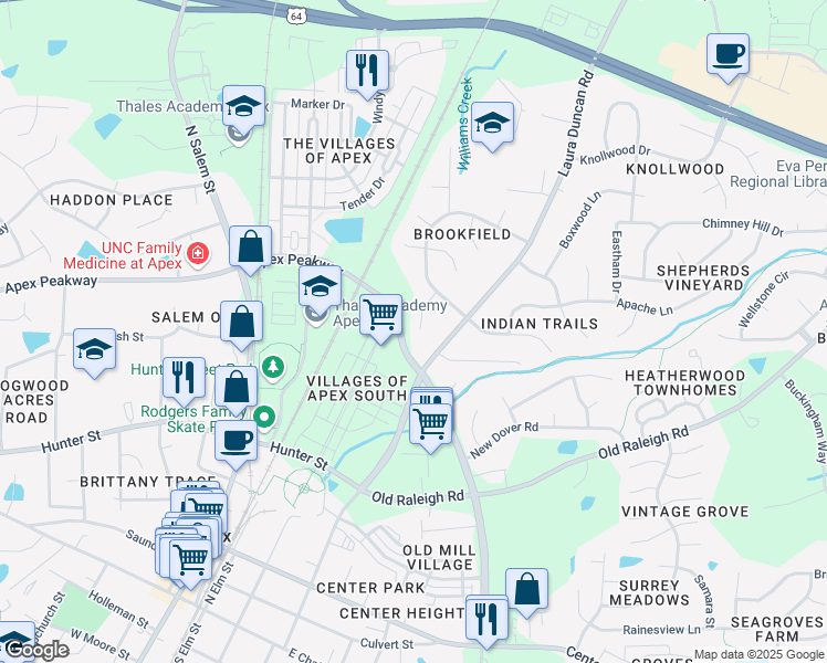 map of restaurants, bars, coffee shops, grocery stores, and more near 903 Norwood Lane in Apex