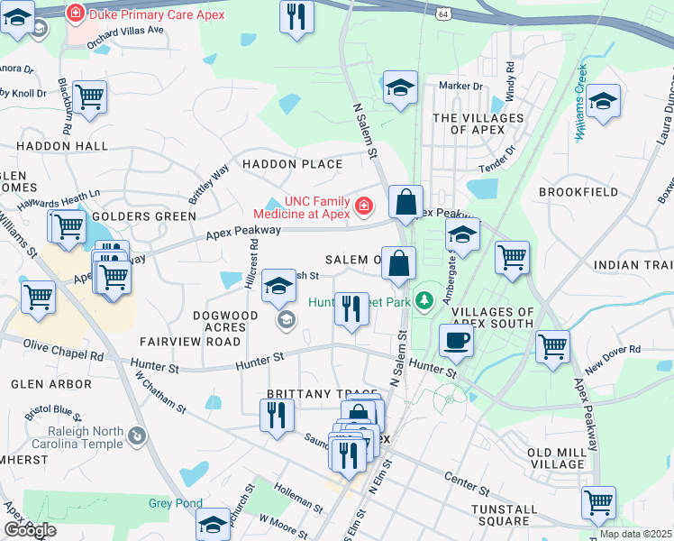 map of restaurants, bars, coffee shops, grocery stores, and more near 602 Cash Street in Apex