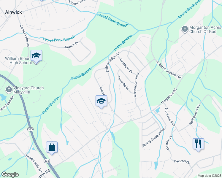 map of restaurants, bars, coffee shops, grocery stores, and more near 928 Elsborn Ridge Road in Maryville