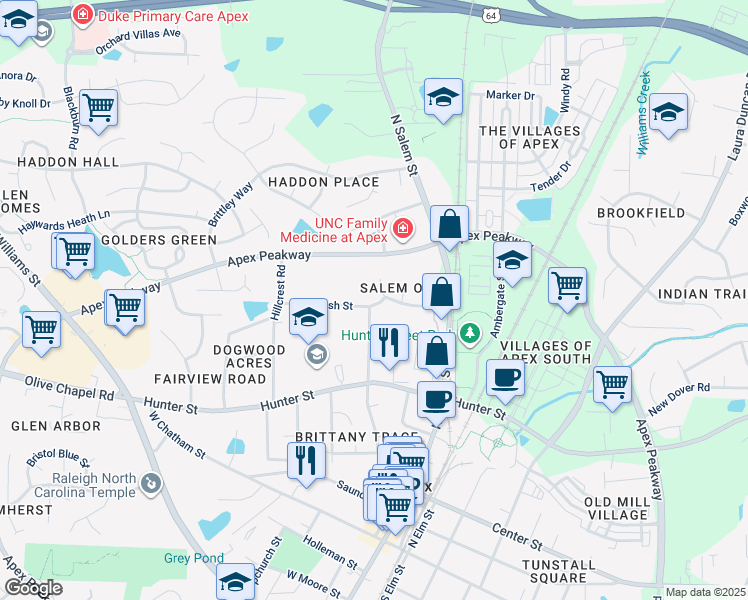 map of restaurants, bars, coffee shops, grocery stores, and more near 602 Cash Street in Apex