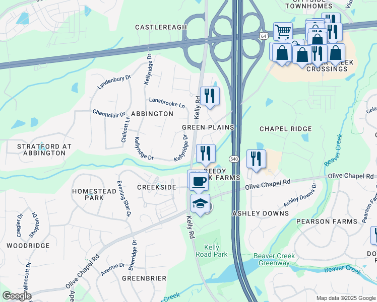 map of restaurants, bars, coffee shops, grocery stores, and more near 526 Kellyridge Drive in Apex