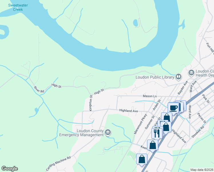 map of restaurants, bars, coffee shops, grocery stores, and more near 542 River Road in Loudon