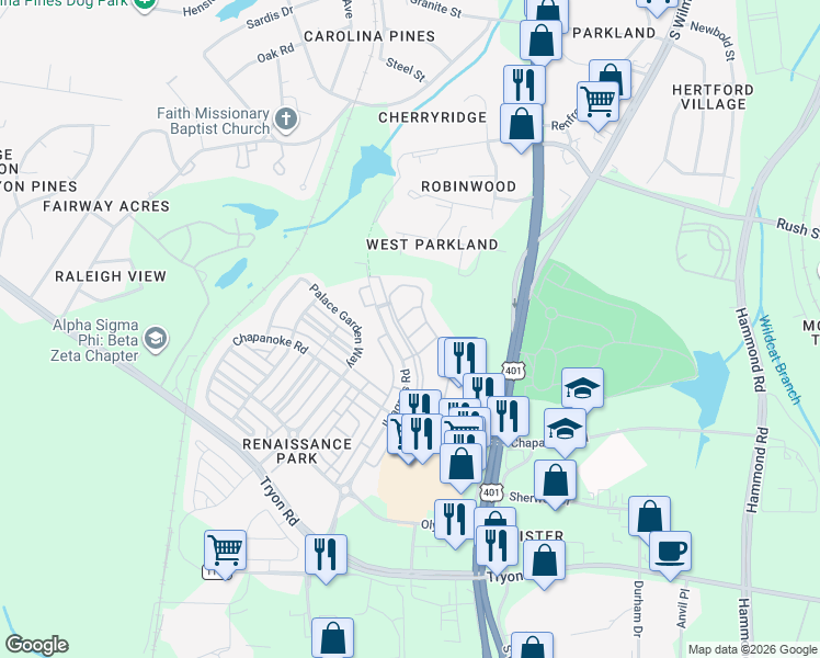 map of restaurants, bars, coffee shops, grocery stores, and more near 414 Stone Flower Lane in Raleigh