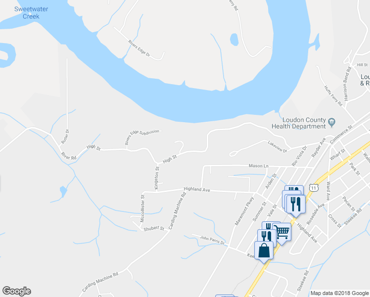 map of restaurants, bars, coffee shops, grocery stores, and more near 542 River Road in Loudon