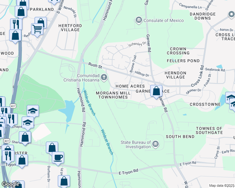 map of restaurants, bars, coffee shops, grocery stores, and more near 3057 Morgans Mill Court in Raleigh