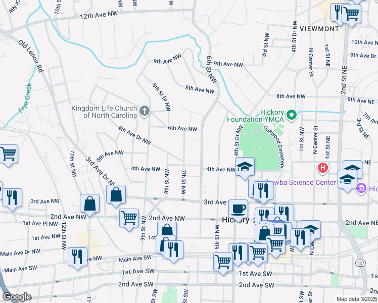 map of restaurants, bars, coffee shops, grocery stores, and more near 516 7th Street Northwest in Hickory