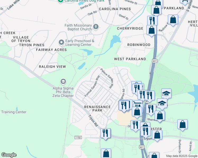 map of restaurants, bars, coffee shops, grocery stores, and more near 673 Democracy Street in Raleigh