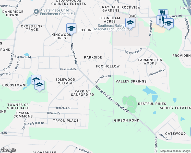 map of restaurants, bars, coffee shops, grocery stores, and more near 3009 Sanderford Road in Raleigh