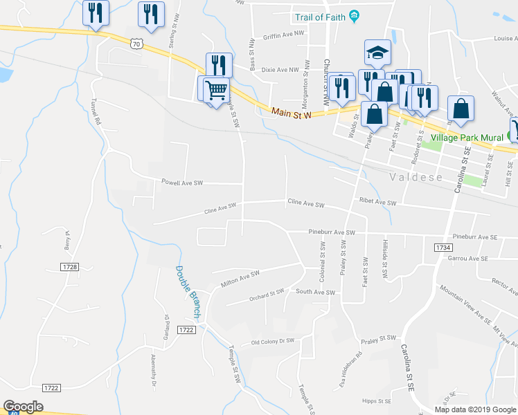 map of restaurants, bars, coffee shops, grocery stores, and more near 705 Cline Avenue Southwest in Valdese