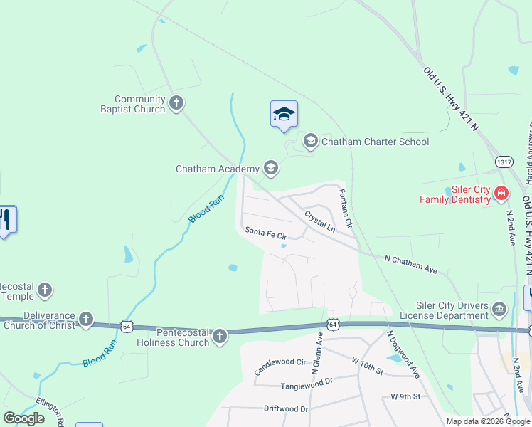 map of restaurants, bars, coffee shops, grocery stores, and more near 142 Santa Fe Circle in Siler City