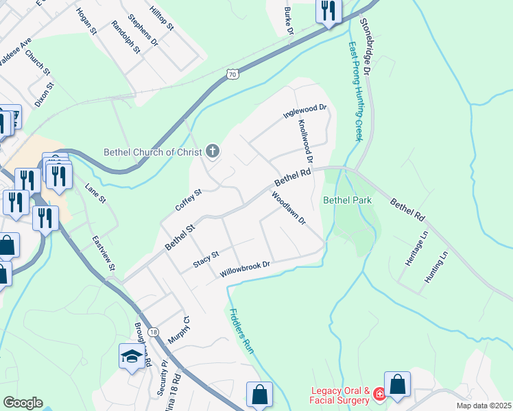 map of restaurants, bars, coffee shops, grocery stores, and more near 442 Bethel Road in Morganton