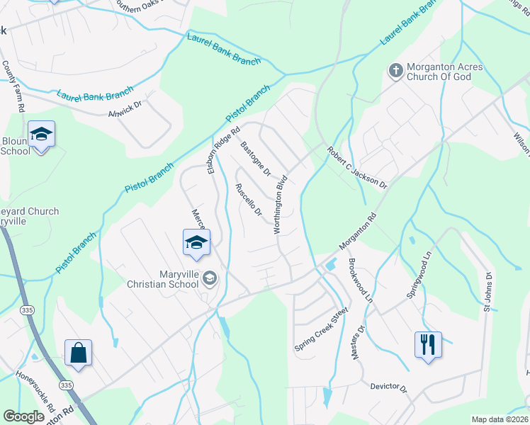 map of restaurants, bars, coffee shops, grocery stores, and more near 1012 Ruscello Drive in Maryville