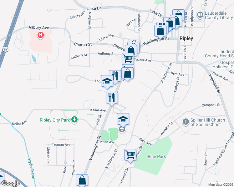 map of restaurants, bars, coffee shops, grocery stores, and more near 294-306 S Washington St in Ripley