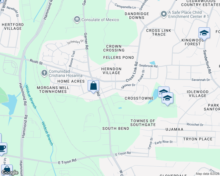 map of restaurants, bars, coffee shops, grocery stores, and more near 726 Maypearl Lane in Raleigh
