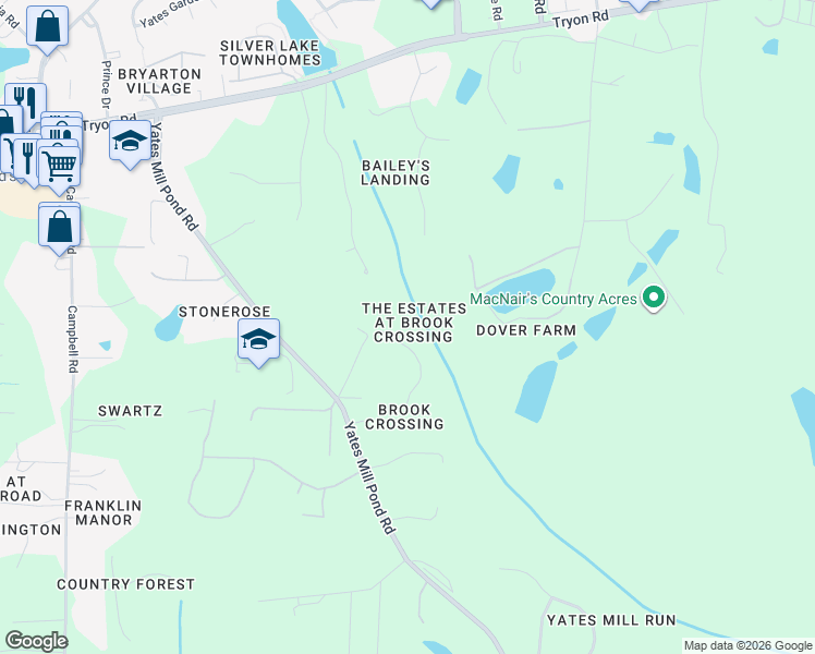 map of restaurants, bars, coffee shops, grocery stores, and more near 5920 Yates Mill Pond Road in Raleigh