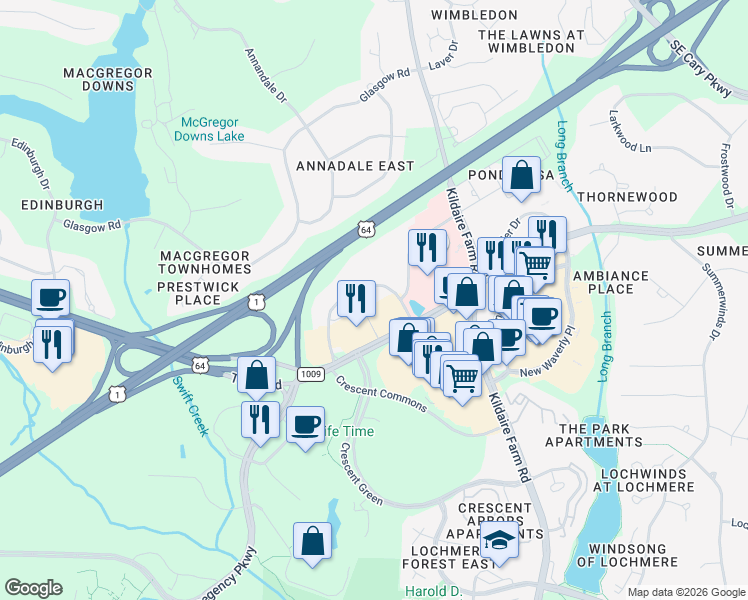map of restaurants, bars, coffee shops, grocery stores, and more near 201 Ashville Avenue in Cary