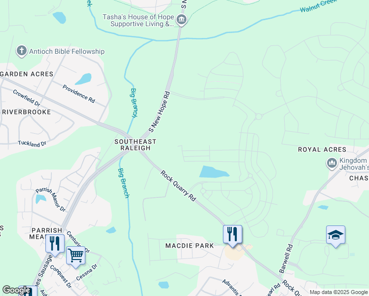 map of restaurants, bars, coffee shops, grocery stores, and more near 2281 South New Hope Road in Raleigh