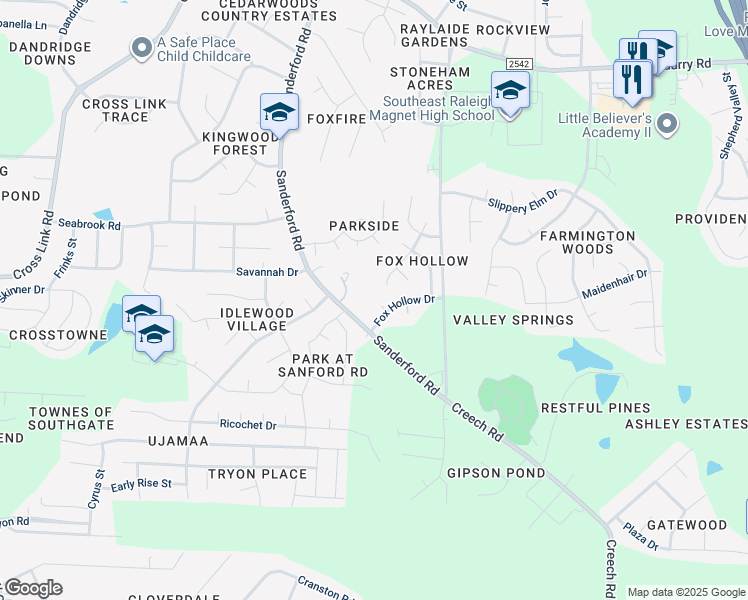 map of restaurants, bars, coffee shops, grocery stores, and more near 3009 Sanderford Road in Raleigh