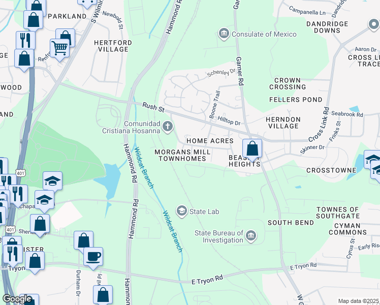 map of restaurants, bars, coffee shops, grocery stores, and more near 3057 Morgans Mill Court in Raleigh