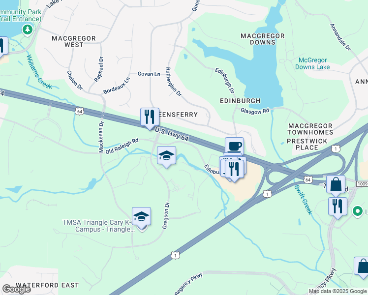 map of restaurants, bars, coffee shops, grocery stores, and more near 121 Edinburgh South Drive in Cary