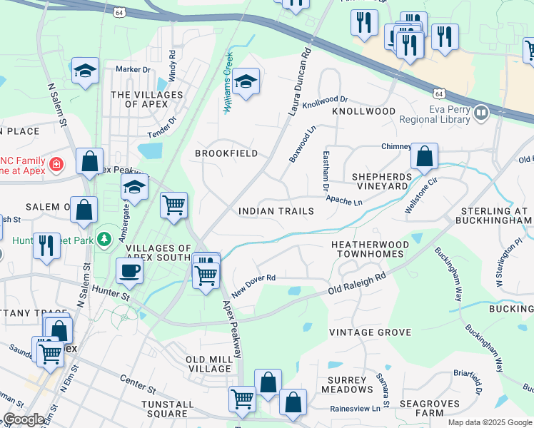 map of restaurants, bars, coffee shops, grocery stores, and more near 805 Pinewood Drive in Apex