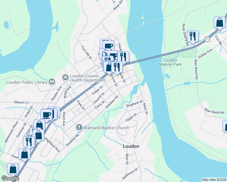 map of restaurants, bars, coffee shops, grocery stores, and more near 405 Ferry Street in Loudon