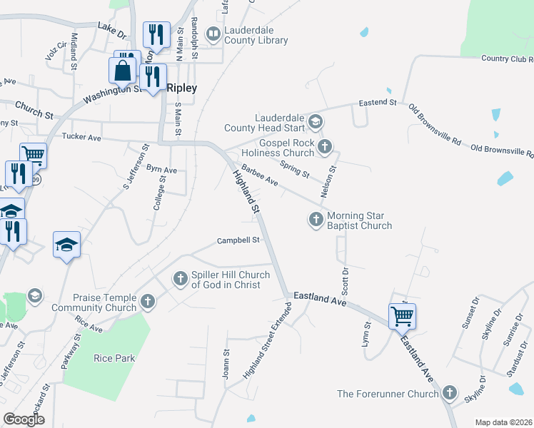 map of restaurants, bars, coffee shops, grocery stores, and more near 187 Highland Street in Ripley
