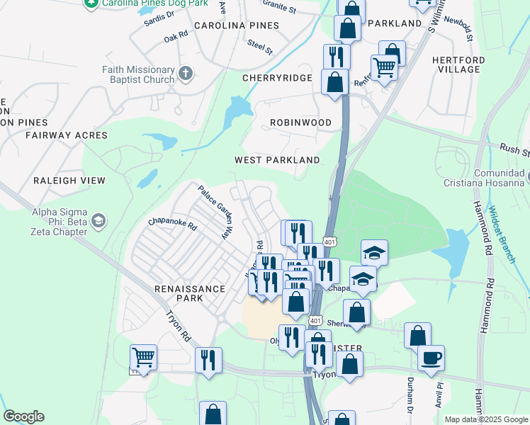 map of restaurants, bars, coffee shops, grocery stores, and more near 408 Stone Flower Lane in Raleigh