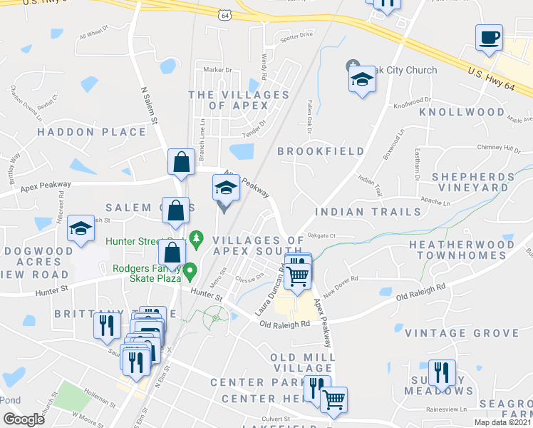 map of restaurants, bars, coffee shops, grocery stores, and more near 695 Grand Central Station in Apex