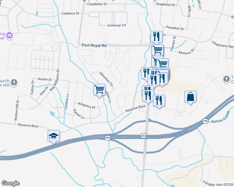 map of restaurants, bars, coffee shops, grocery stores, and more near 1017 Queens Place in Spring Hill