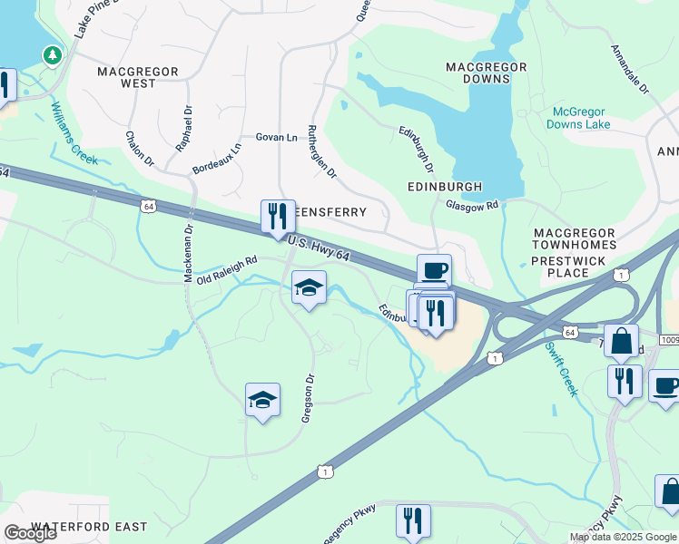 map of restaurants, bars, coffee shops, grocery stores, and more near 121 Edinburgh South Drive in Cary