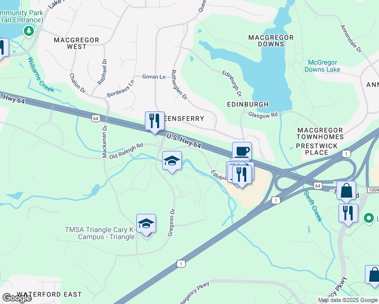 map of restaurants, bars, coffee shops, grocery stores, and more near 121 Edinburgh South Drive in Cary