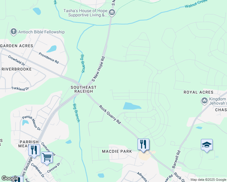 map of restaurants, bars, coffee shops, grocery stores, and more near 2281 South New Hope Road in Raleigh