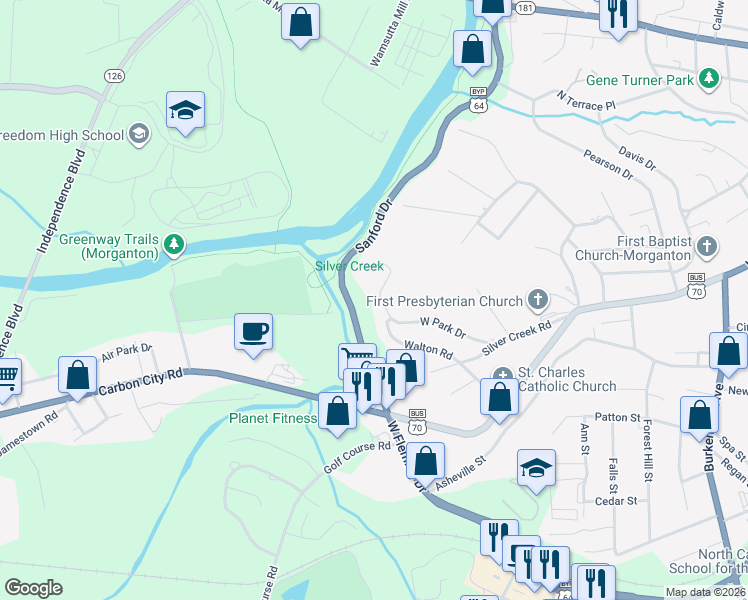 map of restaurants, bars, coffee shops, grocery stores, and more near 227 West Park Drive in Morganton