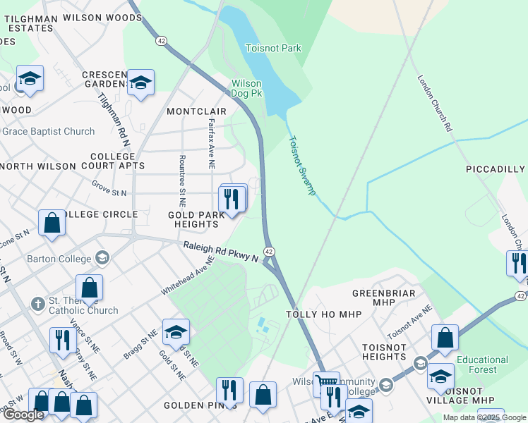 map of restaurants, bars, coffee shops, grocery stores, and more near 4028 North Carolina 42 in Wilson