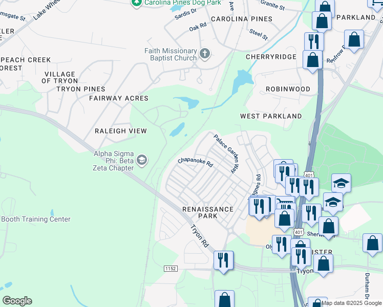 map of restaurants, bars, coffee shops, grocery stores, and more near 905 Palace Garden Way in Raleigh
