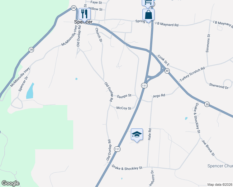 map of restaurants, bars, coffee shops, grocery stores, and more near Old Dunlap Rd in Spencer