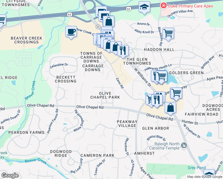map of restaurants, bars, coffee shops, grocery stores, and more near 1100 Alsace Drive in Apex