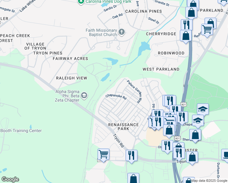 map of restaurants, bars, coffee shops, grocery stores, and more near 905 Palace Garden Way in Raleigh