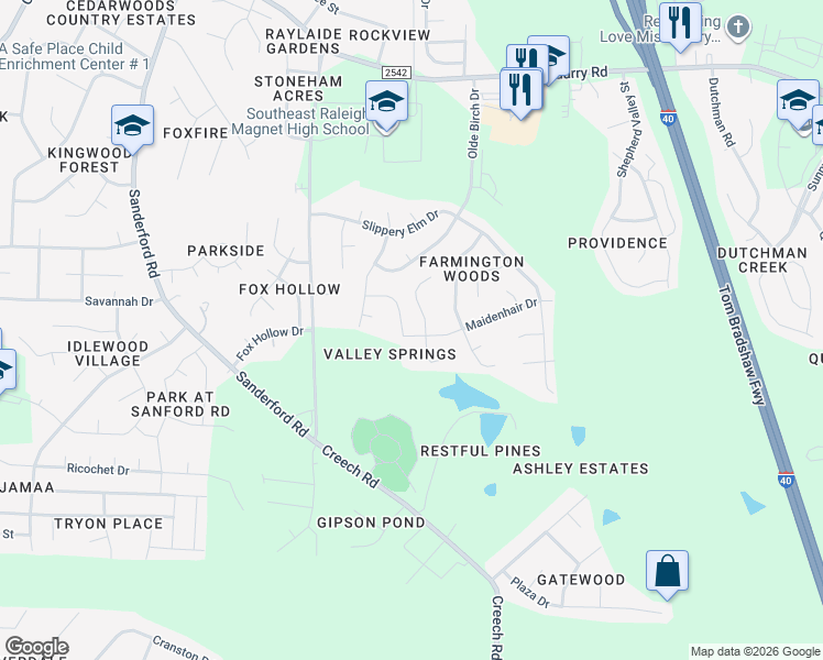 map of restaurants, bars, coffee shops, grocery stores, and more near 3003 Maidenhair Drive in Raleigh