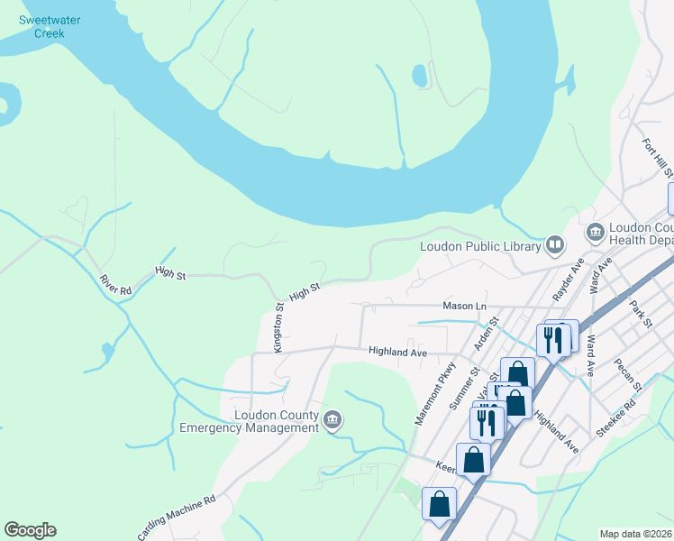 map of restaurants, bars, coffee shops, grocery stores, and more near 542 River Road in Loudon