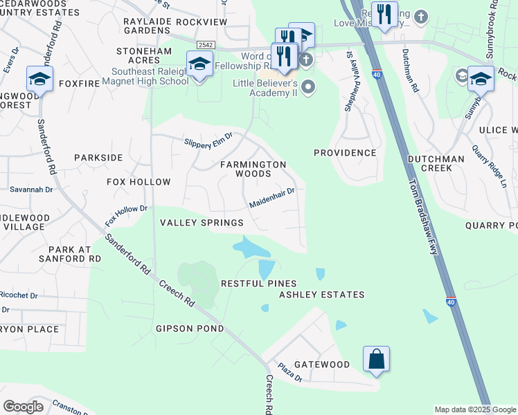 map of restaurants, bars, coffee shops, grocery stores, and more near 2847 Maidenhair Drive in Raleigh