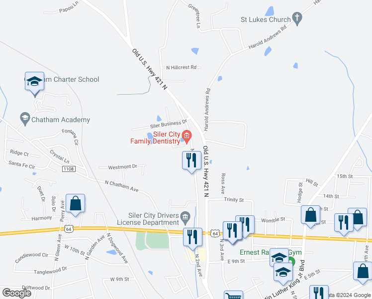 map of restaurants, bars, coffee shops, grocery stores, and more near in Siler City