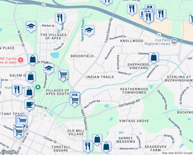 map of restaurants, bars, coffee shops, grocery stores, and more near 805 Pinewood Drive in Apex