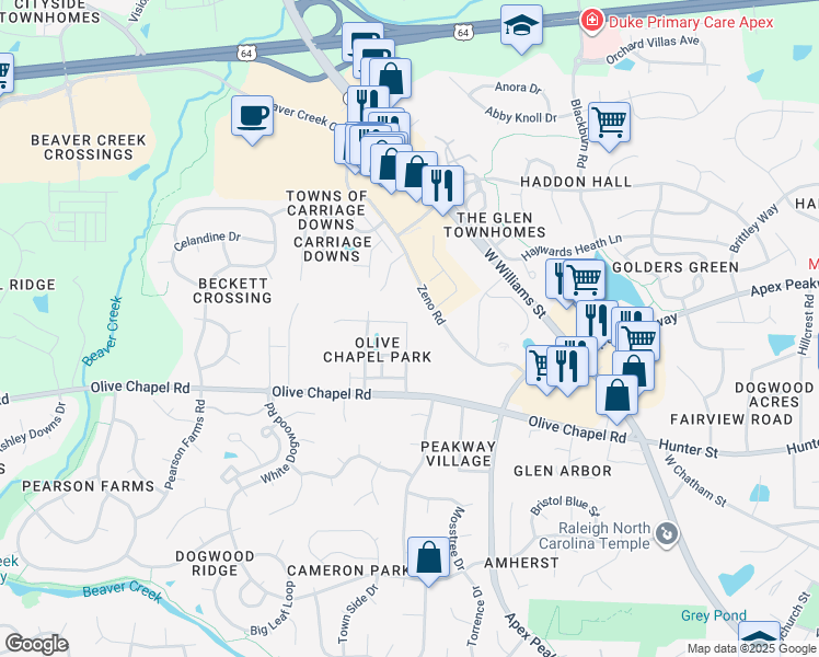 map of restaurants, bars, coffee shops, grocery stores, and more near 1121 Alsace Drive in Apex