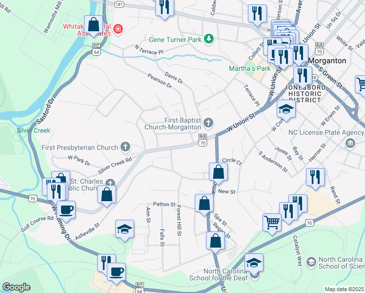 map of restaurants, bars, coffee shops, grocery stores, and more near 604 West Union Street in Morganton